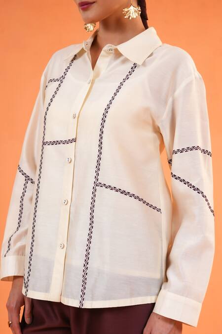 Shop_Origani_Ivory Chanderi Silk Embroidery Collared Geometric Shirt _Online_at_Aza_Fashions