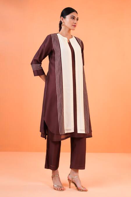 Buy_Origani_Brown Chanderi Silk Embroidery Round Neck Jacket Kurta Set _Online_at_Aza_Fashions