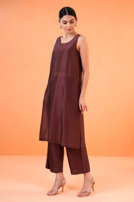 Shop_Origani_Brown Chanderi Silk Embroidery Round Neck Jacket Kurta Set _Online_at_Aza_Fashions