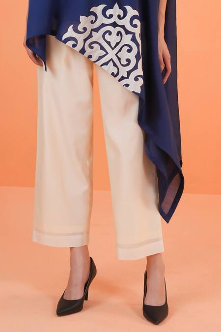 Shop_Origani_Blue Chanderi Silk Applique, Embroidery Round Neck Kaftan And Pant Set _Online_at_Aza_Fashions