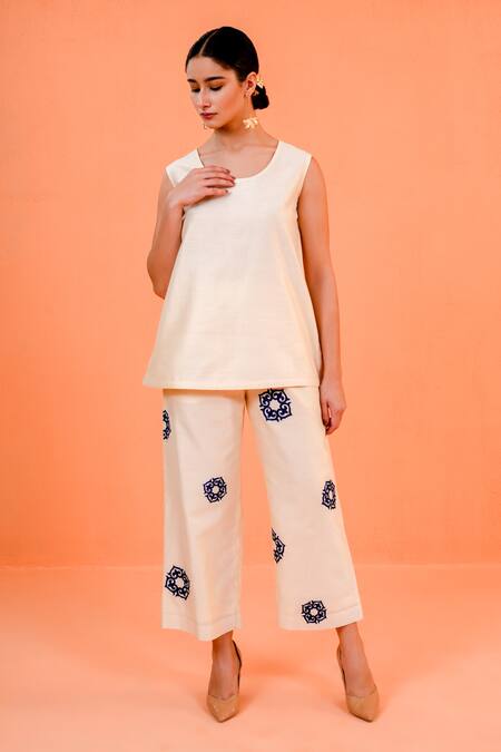 Buy_Origani_Blue Chanderi Silk Embroidery Open , Round Jacket Pant Set _Online_at_Aza_Fashions