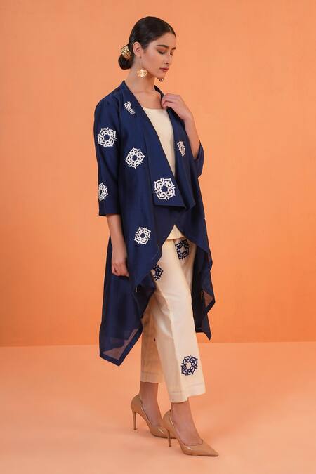 Origani_Blue Chanderi Silk Embroidery Open , Round Jacket Pant Set _at_Aza_Fashions