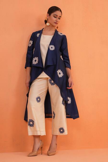 Buy_Origani_Blue Chanderi Silk Embroidery Open , Round Jacket Pant Set 