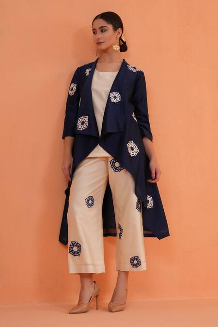 Shop_Origani_Blue Chanderi Silk Embroidery Open , Round Jacket Pant Set 
