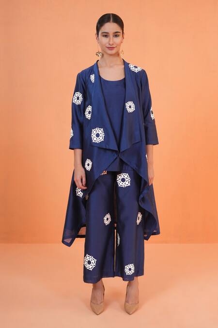 Origani_Navy Chanderi Silk Embroidery Open , Round Resham Jacket Pant Set _Online_at_Aza_Fashions