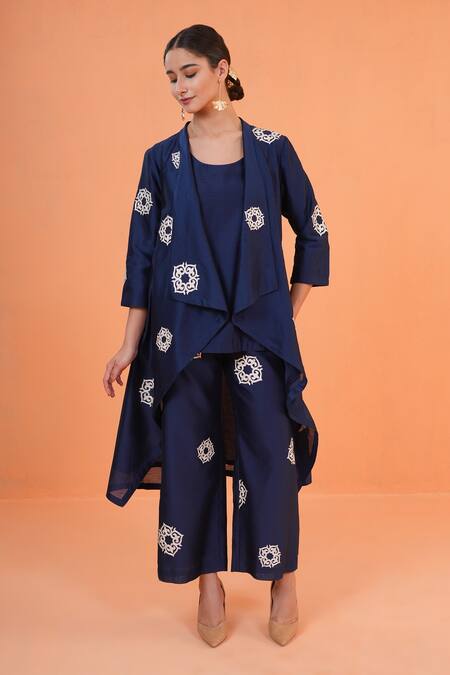 Buy_Origani_Navy Chanderi Silk Embroidery Open , Round Resham Jacket Pant Set _Online_at_Aza_Fashions