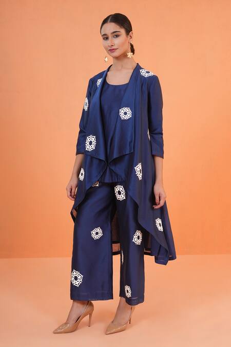Shop_Origani_Navy Chanderi Silk Embroidery Open , Round Resham Jacket Pant Set _Online_at_Aza_Fashions