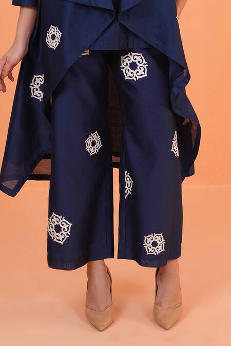Origani_Navy Chanderi Silk Embroidery Open , Round Resham Jacket Pant Set _at_Aza_Fashions