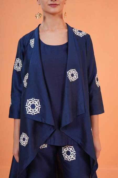 Shop_Origani_Navy Chanderi Silk Embroidery Open , Round Resham Jacket Pant Set 