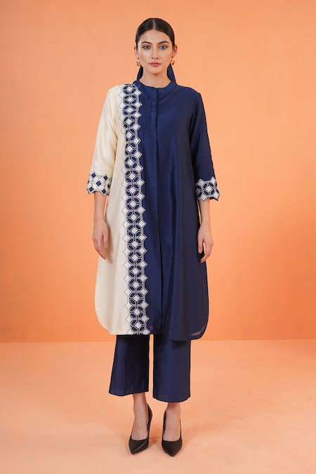 Origani_Blue Chanderi Silk Applique, Embroidery Mandarin Collar Kurta Set _at_Aza_Fashions