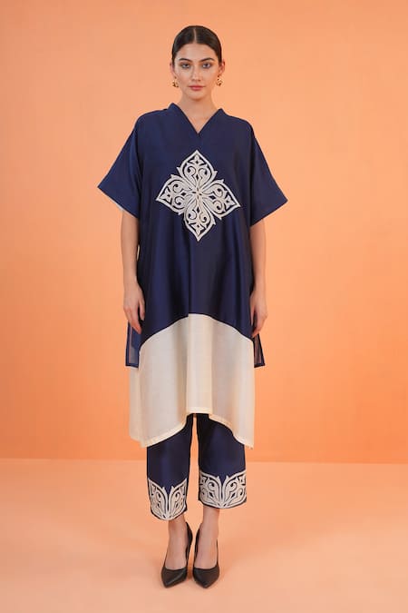 Buy_Origani_Blue Chanderi Silk Applique, Embroidery Split Resham Work Kurta And Pant Set _Online_at_Aza_Fashions
