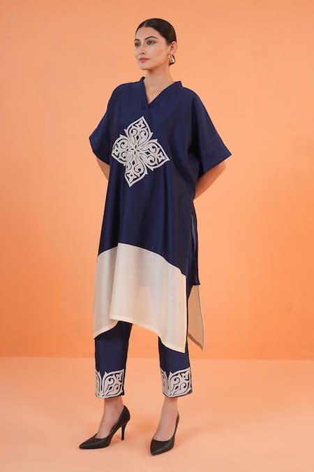 Origani_Blue Chanderi Silk Applique, Embroidery Split Resham Work Kurta And Pant Set _at_Aza_Fashions