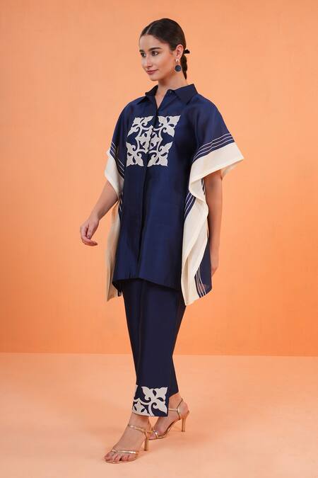 Shop_Origani_Blue Chanderi Silk Applique, Embroidery Collared, Resham Work Kurta And Pant Set _Online_at_Aza_Fashions