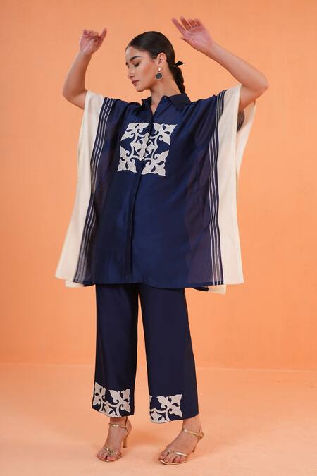 Buy_Origani_Blue Chanderi Silk Applique, Embroidery Collared, Resham Work Kurta And Pant Set 