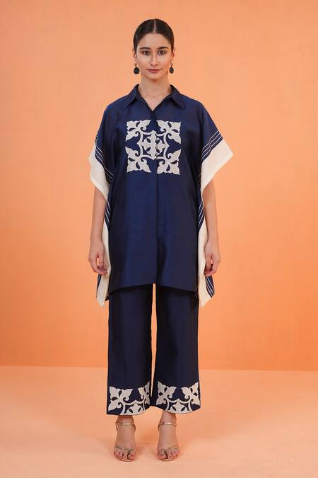 Shop_Origani_Blue Chanderi Silk Applique, Embroidery Collared, Resham Work Kurta And Pant Set 