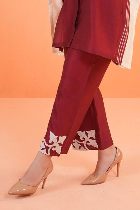 Buy_Origani_Maroon Chanderi Silk Applique, Embroidery Collared Resham Kurta And Pant Set _Online_at_Aza_Fashions