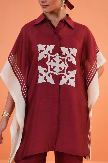 Origani_Maroon Chanderi Silk Applique, Embroidery Collared Resham Kurta And Pant Set _at_Aza_Fashions