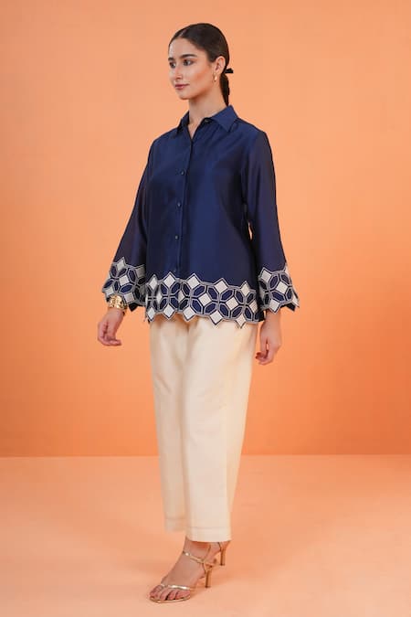 Shop_Origani_Blue Chanderi Silk Applique, Embroidery, Cut Work Collared Shirt And Pant Set _Online_at_Aza_Fashions