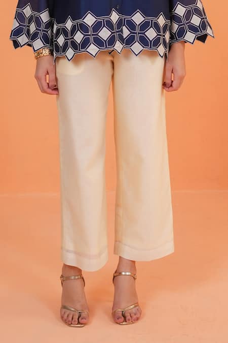 Origani_Blue Chanderi Silk Applique, Embroidery, Cut Work Collared Shirt And Pant Set _at_Aza_Fashions