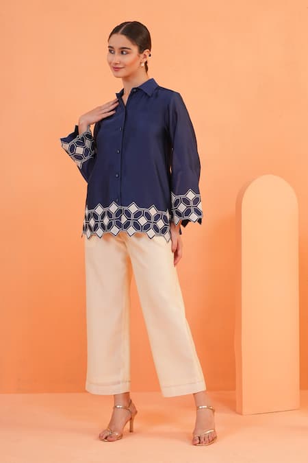 Buy_Origani_Blue Chanderi Silk Applique, Embroidery, Cut Work Collared Shirt And Pant Set 