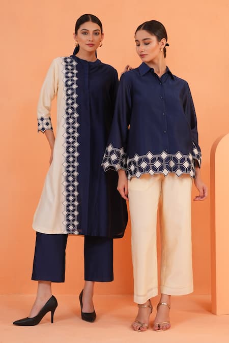 Shop_Origani_Blue Chanderi Silk Applique, Embroidery, Cut Work Collared Shirt And Pant Set 