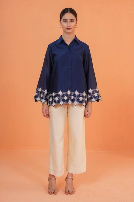 Origani_Blue Chanderi Silk Embroidery, Applique, Cut Work Collared Shirt _Online_at_Aza_Fashions