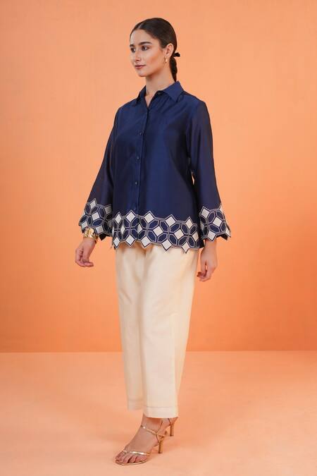 Buy_Origani_Blue Chanderi Silk Embroidery, Applique, Cut Work Collared Shirt _Online_at_Aza_Fashions