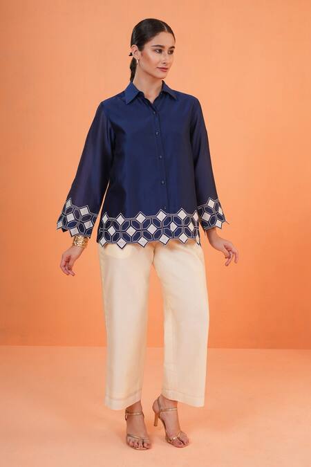 Shop_Origani_Blue Chanderi Silk Embroidery, Applique, Cut Work Collared Shirt _Online_at_Aza_Fashions