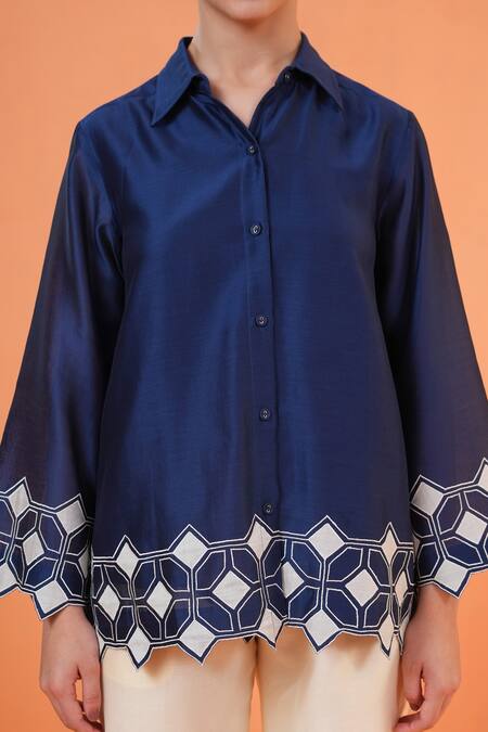 Origani_Blue Chanderi Silk Embroidery, Applique, Cut Work Collared Shirt _at_Aza_Fashions