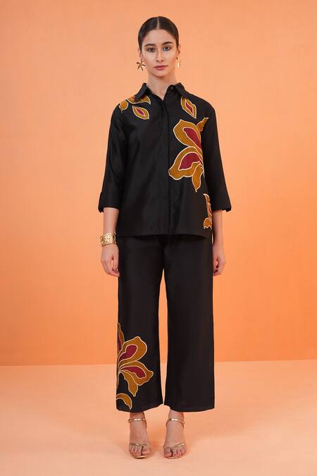 Origani_Black Chanderi Silk Applique, Embroidery Collared Resham Floral Shirt _Online_at_Aza_Fashions