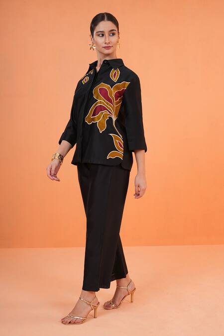 Buy_Origani_Black Chanderi Silk Applique, Embroidery Collared Resham Floral Shirt _Online_at_Aza_Fashions