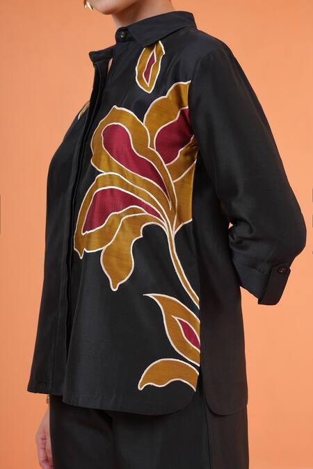 Shop_Origani_Black Chanderi Silk Applique, Embroidery Collared Resham Floral Shirt _Online_at_Aza_Fashions