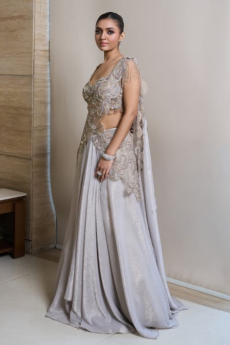 Buy Presto Couture Grey Georgette Embroidery, Stones, Tassels, Hand Pre-draped Saree And Blouse Set Online at Aza Fashions Buy_Presto Couture_Grey Georgette Embroidery, Stones, Tassels, Hand Pre-draped Saree And Blouse Set _Online_at_Aza_Fashions