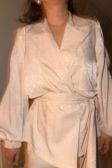 Sonam Parmar Jhawar_White Cotton Crystals V-neck, Collared Vanessa Embellished Jacket And Pant Set _Online_at_Aza_Fashions