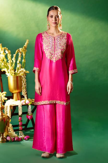 Buy_Samyukta Singhania_Fuchsia Silk, Shantoon, Chiffon Embroidery, Gota Patti, Yoke Kurta Sharara Set _Online_at_Aza_Fashions