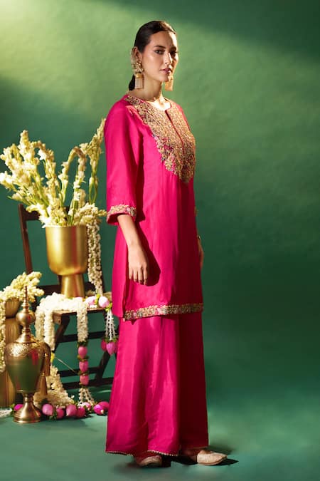 Shop_Samyukta Singhania_Fuchsia Silk, Shantoon, Chiffon Embroidery, Gota Patti, Yoke Kurta Sharara Set _Online_at_Aza_Fashions