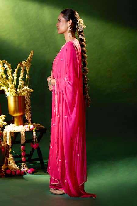 Samyukta Singhania_Fuchsia Silk, Shantoon, Chiffon Embroidery, Gota Patti, Yoke Kurta Sharara Set _at_Aza_Fashions