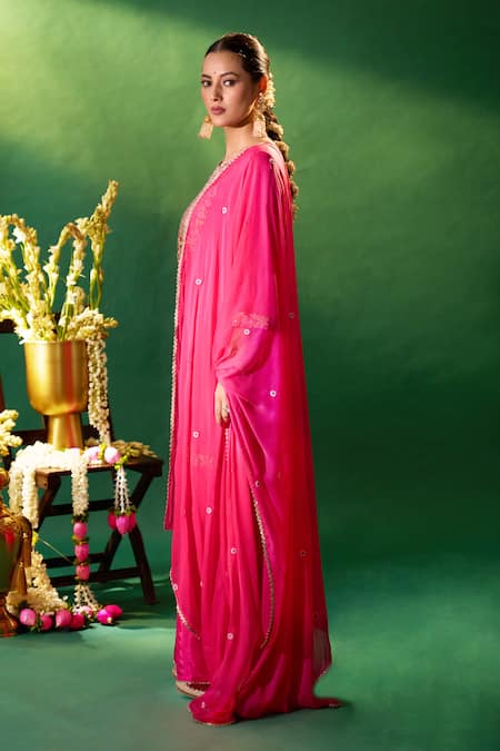 Buy_Samyukta Singhania_Fuchsia Silk, Shantoon, Chiffon Embroidery, Gota Patti, Yoke Kurta Sharara Set 