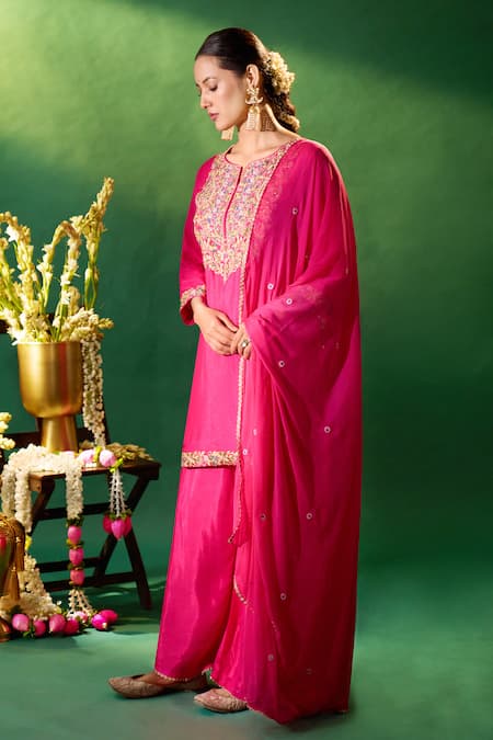 Shop_Samyukta Singhania_Fuchsia Silk, Shantoon, Chiffon Embroidery, Gota Patti, Yoke Kurta Sharara Set 