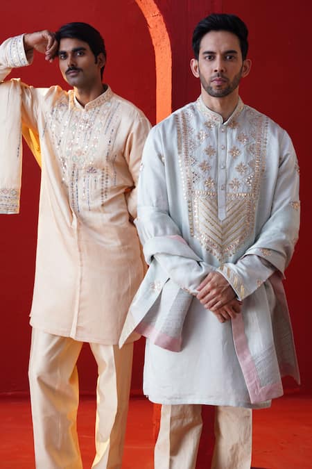 Buy_AUGUST by Swati Akash Jhunjhunwala_Beige Satin, Linen Embroidery, Mirrors Kurta Pant Set _Online_at_Aza_Fashions