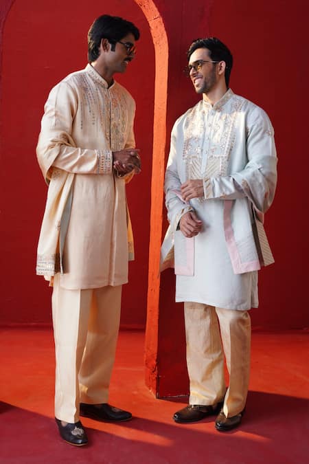 AUGUST by Swati Akash Jhunjhunwala_Beige Satin, Linen Embroidery, Mirrors Kurta Pant Set _at_Aza_Fashions