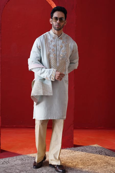 Shop_AUGUST by Swati Akash Jhunjhunwala_Sky Blue Satin, Linen Embroidery, Mirrors Kurta Set With Shawl _Online_at_Aza_Fashions