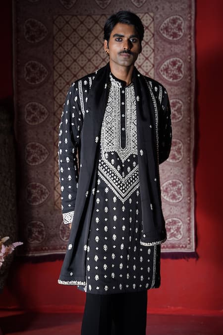 AUGUST by Swati Akash Jhunjhunwala_Black Satin, Linen Embroidery Kurta Set With Shawl _Online_at_Aza_Fashions