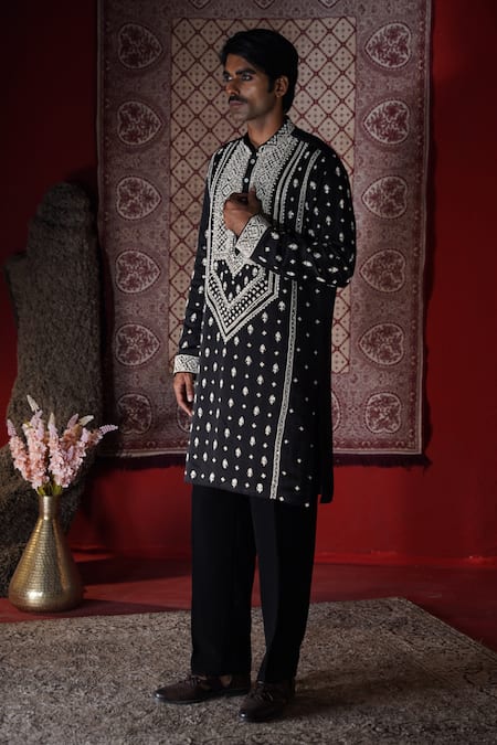 Shop_AUGUST by Swati Akash Jhunjhunwala_Black Satin, Linen Embroidery Kurta Set With Shawl _Online_at_Aza_Fashions