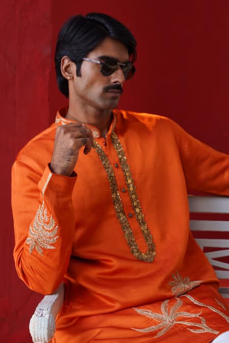 AUGUST by Swati Akash Jhunjhunwala_Orange Satin, Linen Zari, Embroidery Palm Tree Kurta Set _Online_at_Aza_Fashions