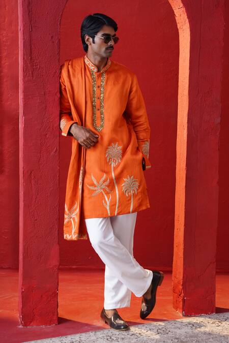 Shop_AUGUST by Swati Akash Jhunjhunwala_Orange Satin, Linen Zari, Embroidery Palm Tree Kurta Set _Online_at_Aza_Fashions