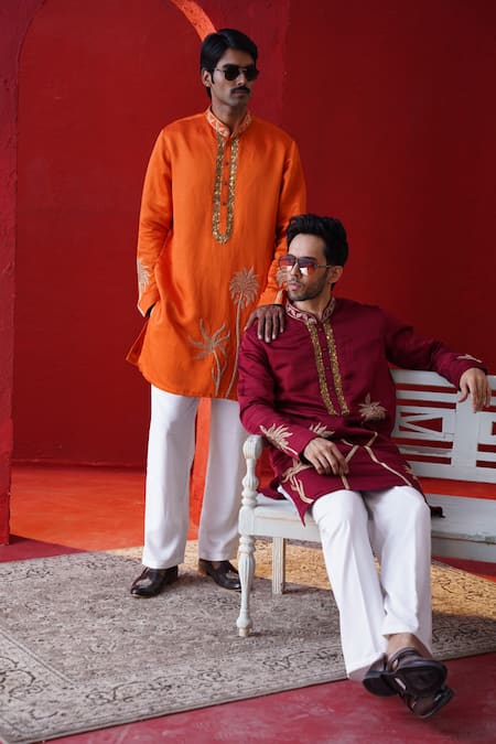 AUGUST by Swati Akash Jhunjhunwala_Orange Satin, Linen Zari, Embroidery Palm Tree Kurta Set _at_Aza_Fashions