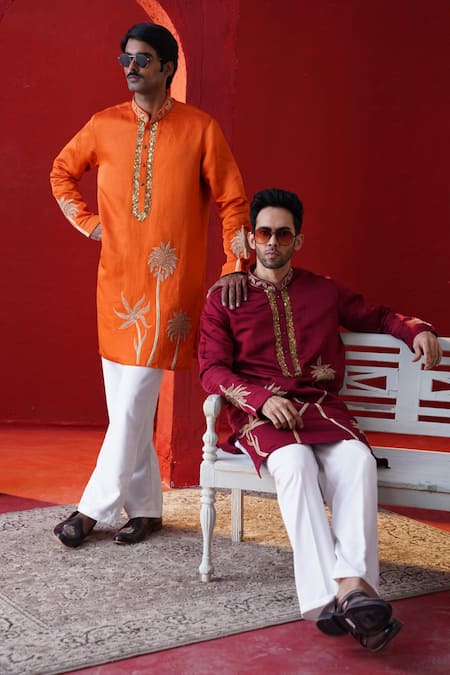 Buy_AUGUST by Swati Akash Jhunjhunwala_Orange Satin, Linen Zari, Embroidery Palm Tree Kurta Set 