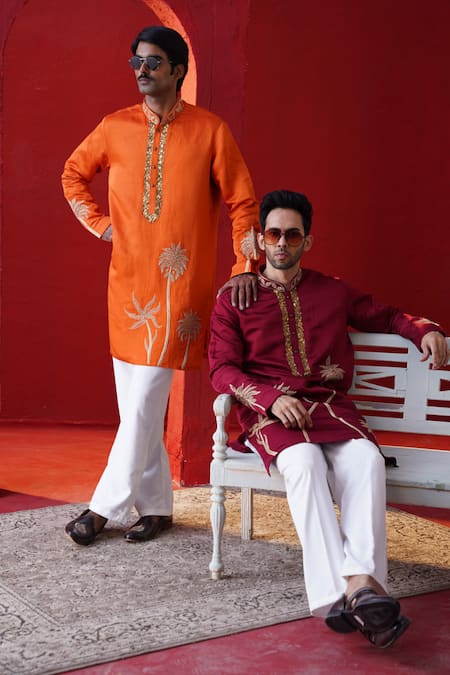 Buy_AUGUST by Swati Akash Jhunjhunwala_Red Satin, Linen Embroidery, Zari Palm Tree Kurta Set _Online_at_Aza_Fashions