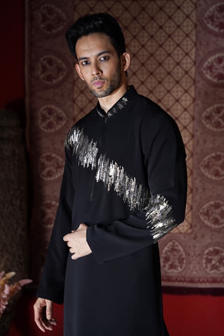 Shop_AUGUST by Swati Akash Jhunjhunwala_Black Sequins Work Kurta Set _Online_at_Aza_Fashions